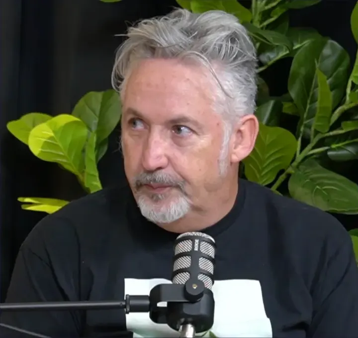 Harland Williams recording a podcast at JPR Studios