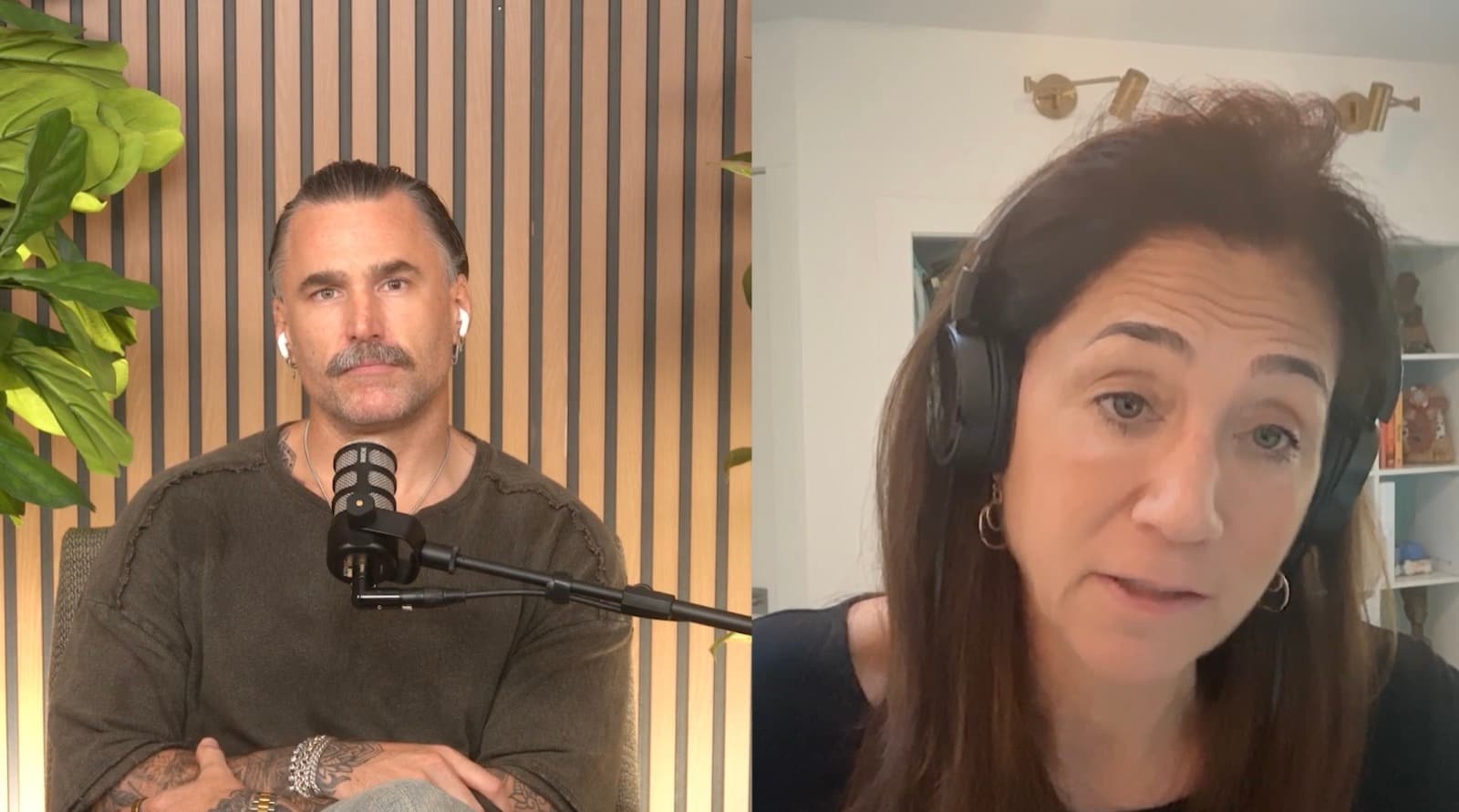 Remote podcast session: in-studio host on one side, remote guest on the other