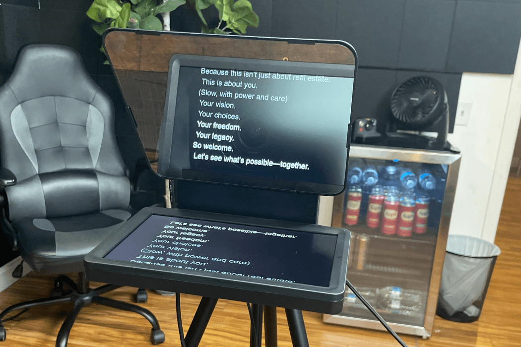 Teleprompter loaded with a VSL script in a JPR studio